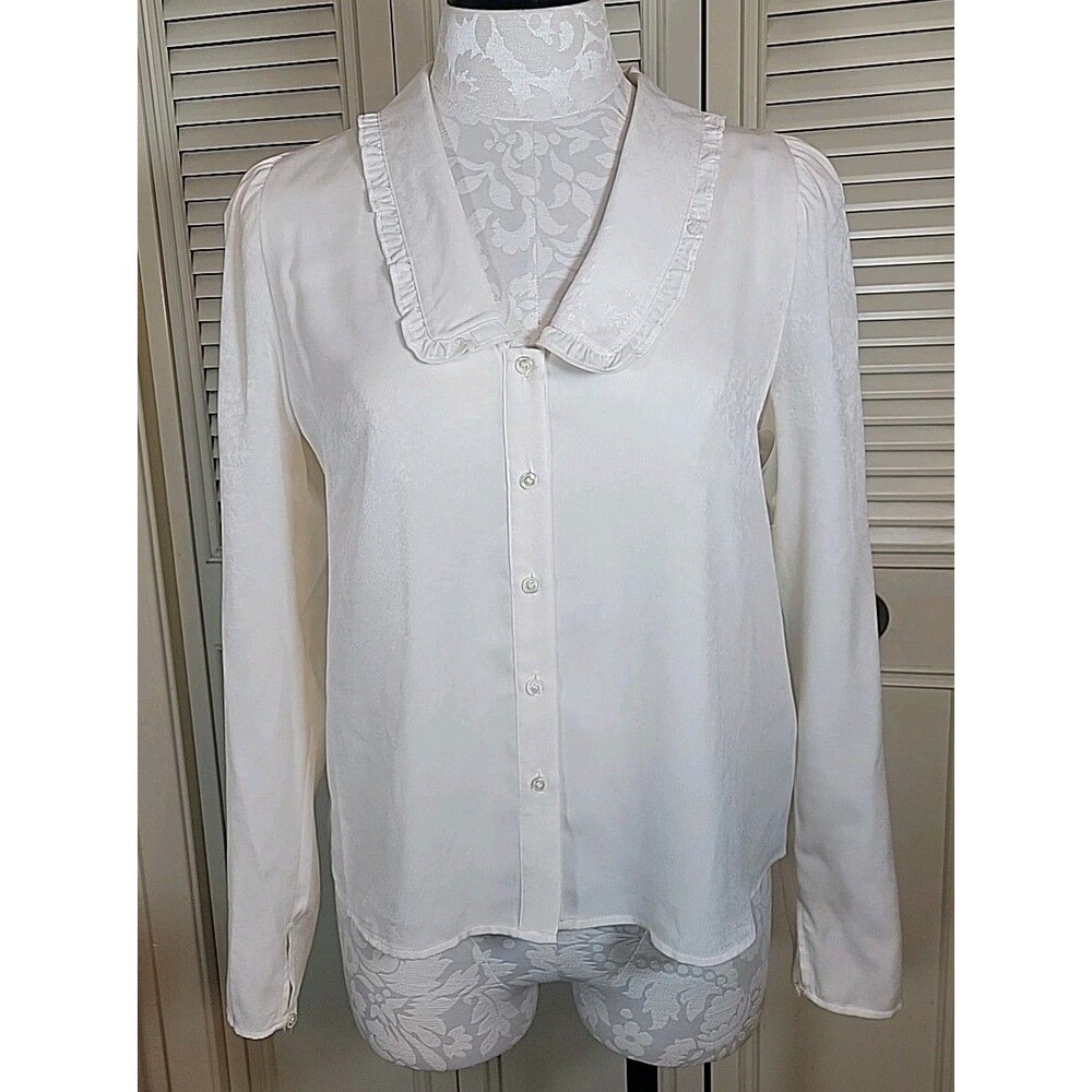 CeCe Ruffle Collar Blouse Sheer Ivory Sz Med Vtg-Inspired Career Grandmacore NWT